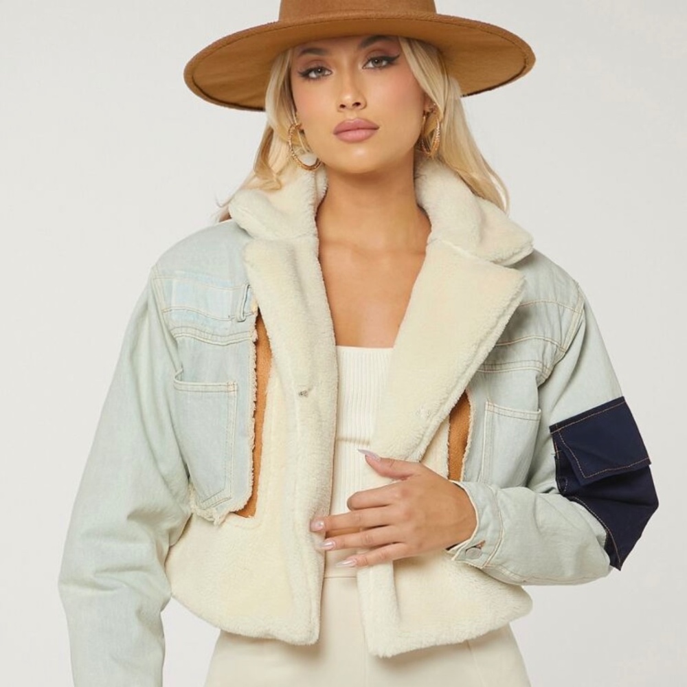 Mix Media Cropped Spliced Winter Jacket